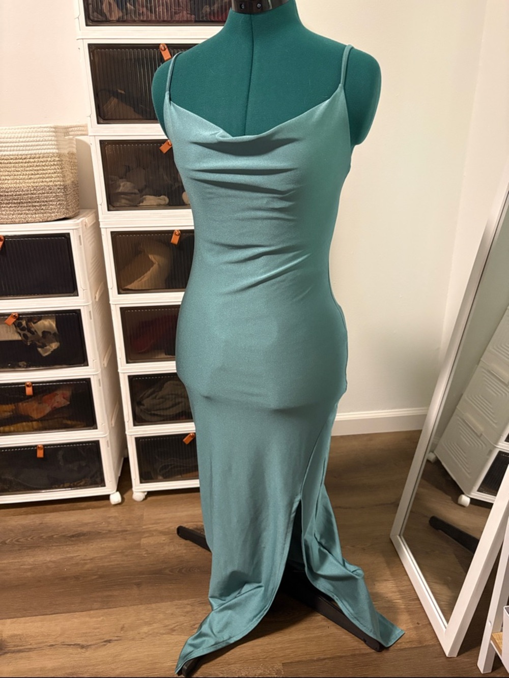 Cowl Neck Maxi Slip Dress in Teal - Women's